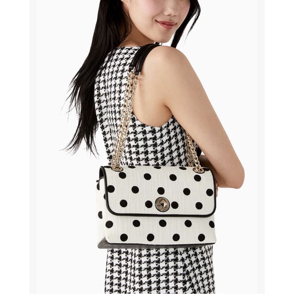 KATE SPADE Black & White Polka Dot Textured Natalia Chain Strap Flap Satchel Bag - Picture 6 of 17